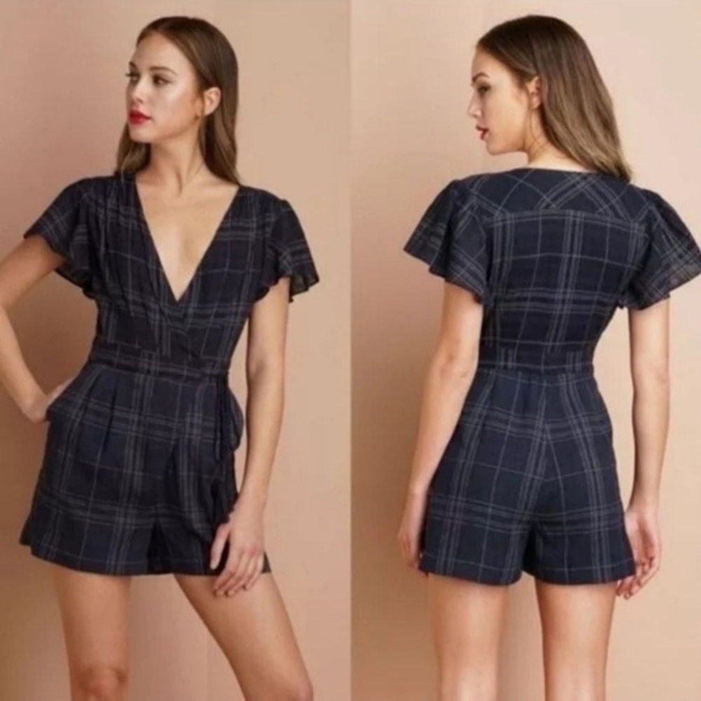 Anthropologie | Greylin | Wrap Romper Navy Blue Plaid